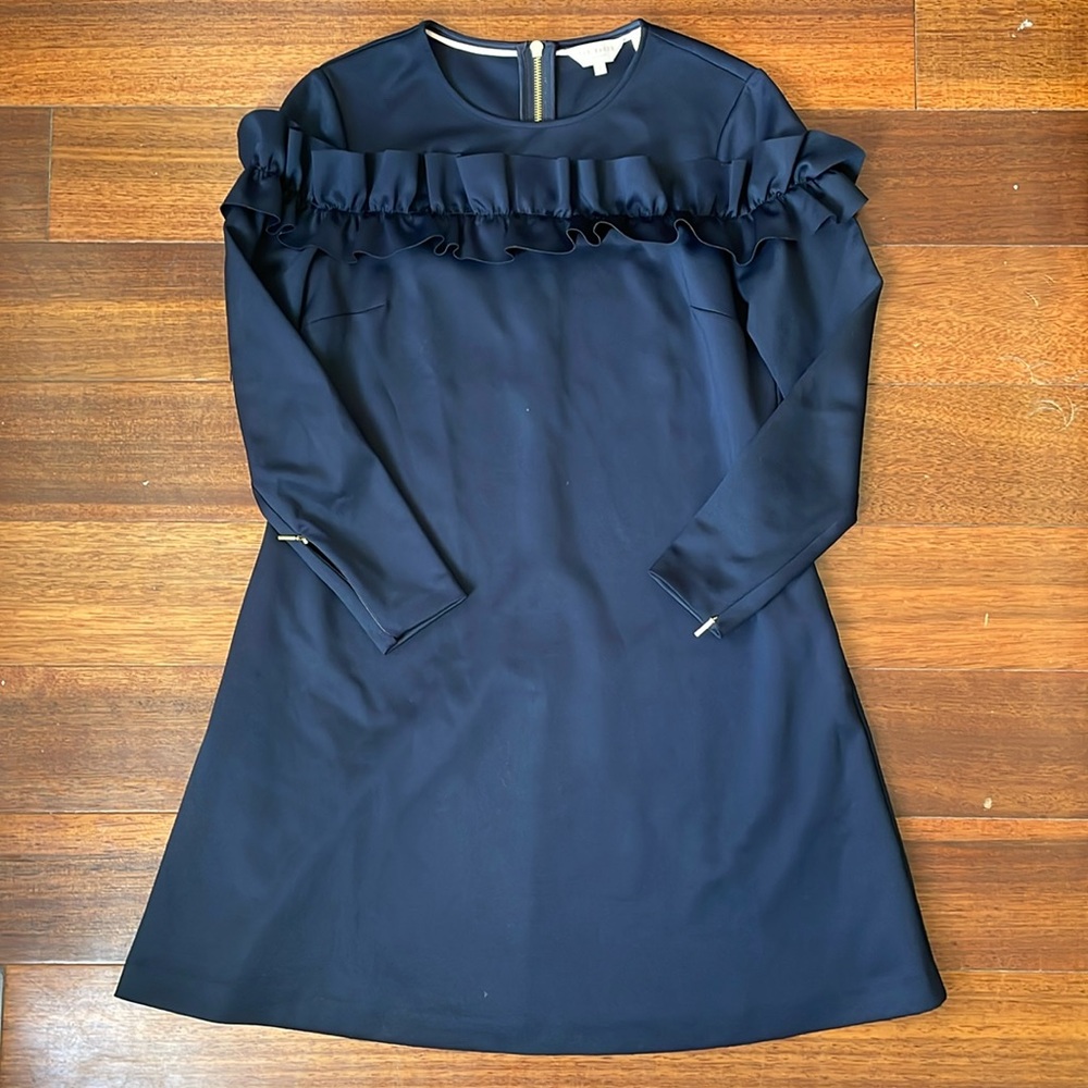 Ted Baker Navy Blue Long Sleeve Zip Cuff Ruffle Cute Dress Cocktail Mini Size 2